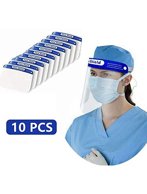 US STOCKPLESON 10PCS Face Shield Full Face Protect Eyes and Face Plastic Face Shield with Safety Protective Clear Film Elastic Band and Comfort Sponge Dental Face Shield 