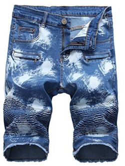 Lavnis Men's Casual Denim Shorts Classic Fit Ripped Jeans Biker Shorts