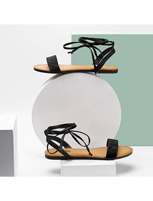 Trary Lace Up Ankle Strap Sandals for Women Flat