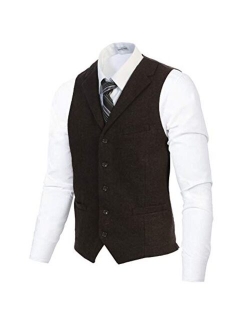 Men's 5 Button Tailored Collar Slim Fit Formal Herringbone Tweed Suit Vest