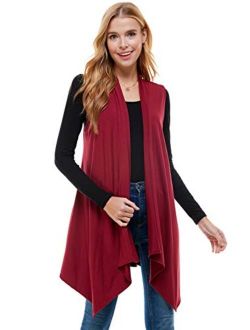 Azules Women's Solid Color Sleeveless Asymetric Hem Open Front Cardigan