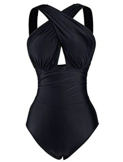 Women's Deep Feelings Cross One-Piece Swimsuit Solid Black Bathing Suit