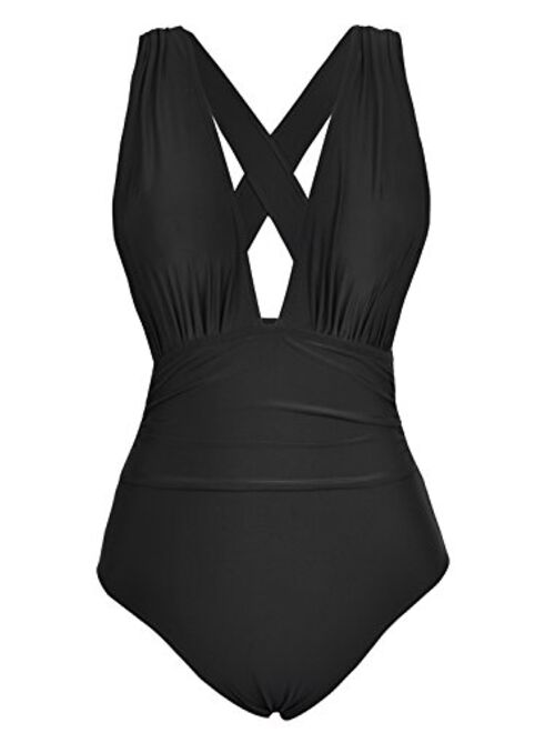 CUPSHE Women's Deep Feelings Cross One-Piece Swimsuit Solid Black Bathing Suit