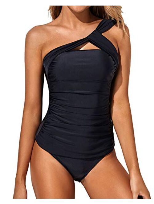 Tempt Me Women Tankini Ruched One Shoulder Tummy Control Top High Neck Swimsuits