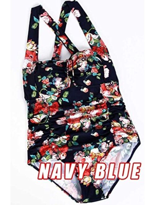 QZUnique Women's Retro Vintage One Piece Swimwear Floral Monokinis Plus Size