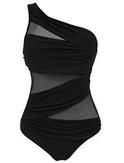 Runtlly Women's One Piece Swimsuits One Shoulder Plus Size Swimwear Bathing Suit with See Through Mesh Style