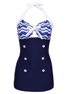 Womens Vintage Striped One Piece Swimsuit Monokini Bathing Suit Boyshort Swimwear