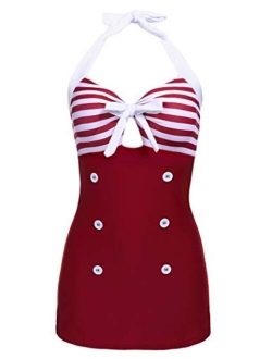Womens Vintage Striped One Piece Swimsuit Monokini Bathing Suit Boyshort Swimwear