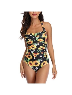 Smismivo Tummy Control Swimwear Black Halter One Piece Swimsuit Ruched Padded Bathing Suits for Women Slimming Vintage Bikini