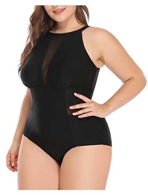 Daci Plus Size One Piece Swimsuits for Women Plunge Cutout High Neck Slimming Swimwear