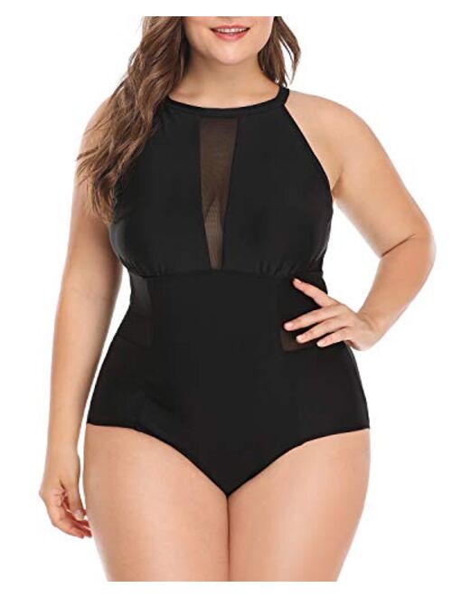 Daci Plus Size One Piece Swimsuits for Women Plunge Cutout High Neck Slimming Swimwear