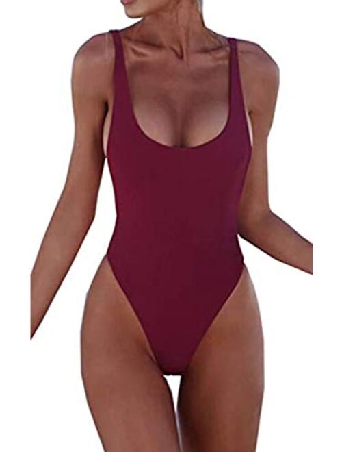 CinShein Womens Bikini High Cut Leopard Print One Piece Monokini Swimsuits Backless Thong Bathing Suits