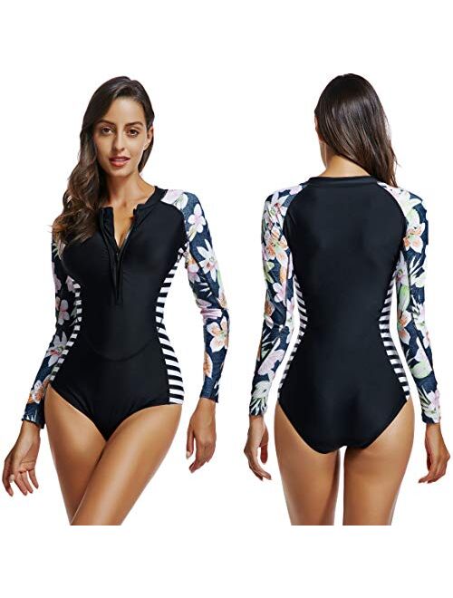 LafyKoly Women's One Piece Long Sleeve Rash Guard UV Protection Printed Surfing Swimsuit Swimwear Bathing Suit