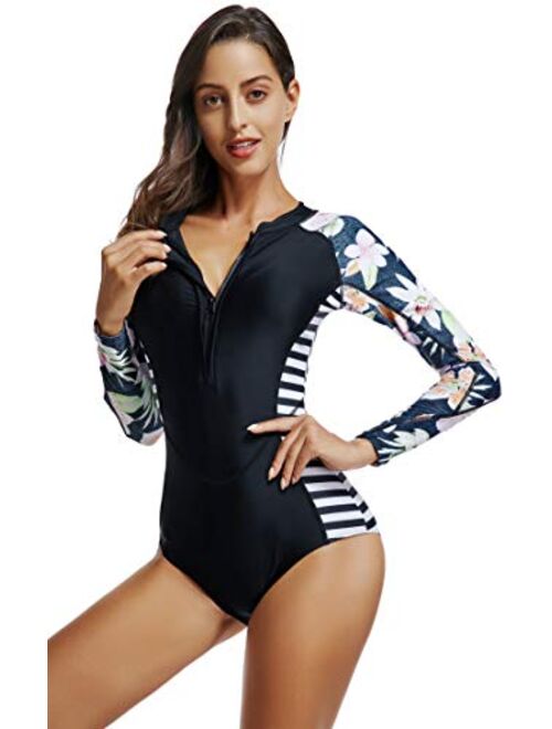 LafyKoly Women's One Piece Long Sleeve Rash Guard UV Protection Printed Surfing Swimsuit Swimwear Bathing Suit