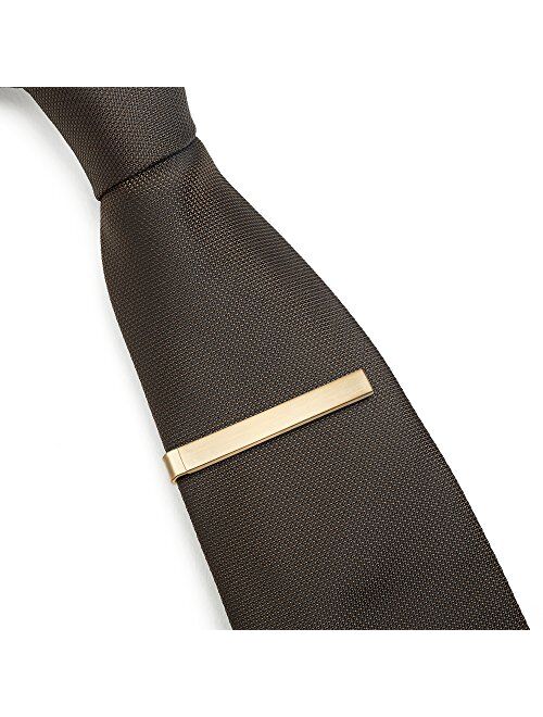 Puentes Denver 3 Pc Mens Tie Bar Slide Clip Set Skinny Ties 1.5 Inch, Brushed Silver, Black, Gold in Gift Box