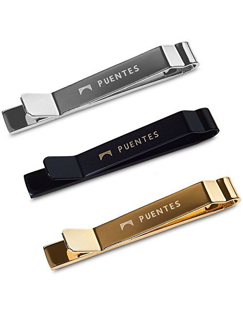 Puentes Denver 3 Pc Mens Tie Bar Slide Clip Set Skinny Ties 1.5 Inch, Brushed Silver, Black, Gold in Gift Box