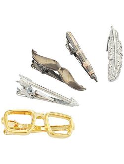 AnalysisyLove Mens Tie Bar Clip Gift Set of Gold Glasses, Black Beard & Pen, Silver Arrow & Feather for Jewelry Gift