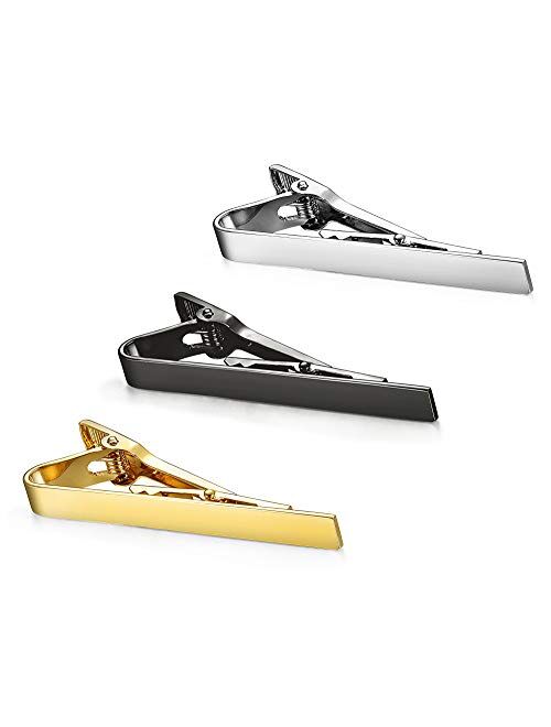 LOYALLOOK 2-4pcs Mens Tie Bar Pinch Clip Set for Regular Ties and Skinny Tie with Gift Box Silver Black Tone Pack 1.5-2.15Inches