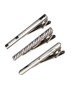 Hugesavings Tie Clips, 3Pcs Fashion Necktie Clips Tie Bar Clips Tie Pins Set Silver Tone