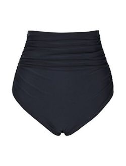 Women's High Waisted Bikini Bottom Shirred Hispter Tankini Briefs Swim Shorts