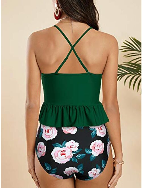 Ferbia Women Falbala Bikini Set Halter High Waisted Swimsuit 2 Piece Ruffle Tummy Control Peplum Spaghetti Strap Tankini