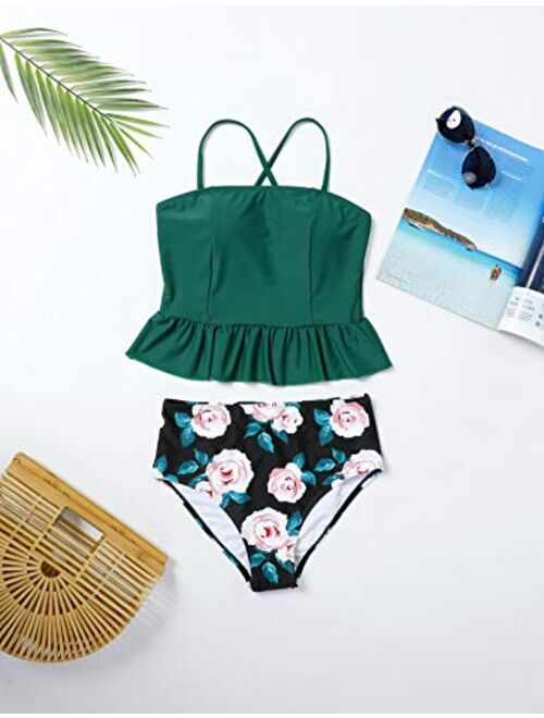 Ferbia Women Falbala Bikini Set Halter High Waisted Swimsuit 2 Piece Ruffle Tummy Control Peplum Spaghetti Strap Tankini