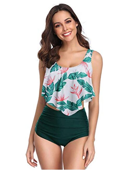 Aixy Women High Waisted Swimsuits Tummy Control Two Piece Tankini Ruffled Top with Swim Bottom Bathing Suits