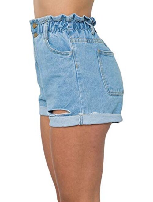 Selowin Womens High Waisted Pleated Ripped Pockets Folded Hem Denim Jeans Shorts