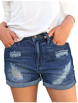GRAPENT Women's High Waist Jean Short Casual Ripped Folded Hem Denim Jeans Shorts