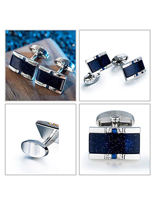 BagTu Starry Sky Cufflinks and Tie Clip Set with Gift Box and Greeting Card, Galaxy Dark Blue Cufflinks and Tie Clip Gift Set for Men