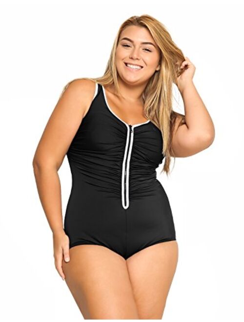 DELIMIRA Women's Built-in Cup Plus Size Swimsuits One Piece Zip Front Bathing Suits