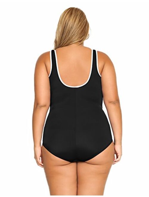 DELIMIRA Women's Built-in Cup Plus Size Swimsuits One Piece Zip Front Bathing Suits