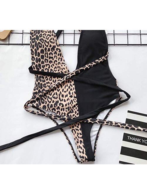 Women Leopard Print One Piece Swimsuit Swimwear Bandage High Cut Monokini Bathing Suit