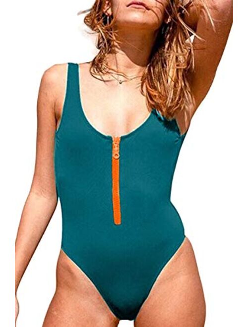 CHYRII Women Sexy Zipper Front Low Back High Cut One Piece Swimsuit Bathing Suit