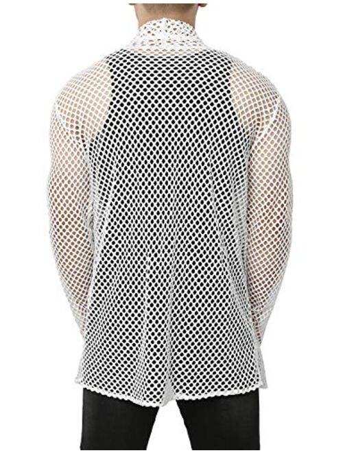 JOGAL Men's Mesh Fishnet Cardigan Fitted Muscle Top