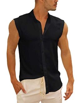 Bbalizko Mens Sleeveless Button Down Shirts Linen Cotton Summer Beach Basic Tank T-Shirt Tops