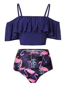 Kaei&Shi High Waisted Flounce Bikini Set,Tummy Control Swimsuits for Women,Off Shoulder