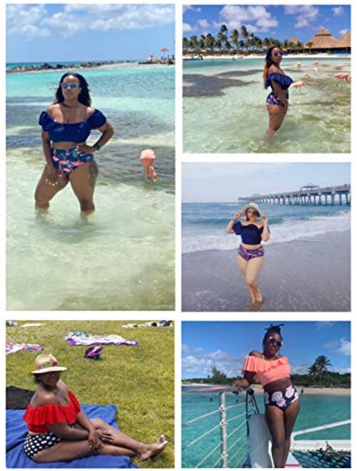 Kaei&Shi High Waisted Flounce Bikini Set,Tummy Control Swimsuits for Women,Off Shoulder