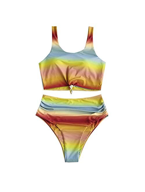 ZAFUL Women's Scoop Neck Knot Ruched Rainbow Tie Dye Two Pieces Swimsuit