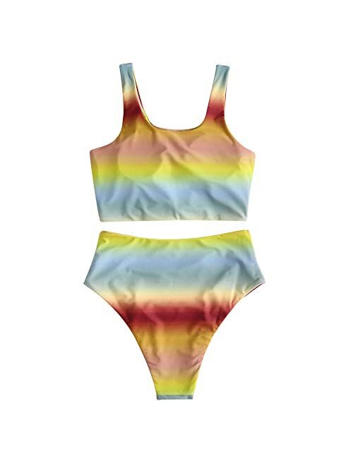 ZAFUL Women's Scoop Neck Knot Ruched Rainbow Tie Dye Two Pieces Swimsuit
