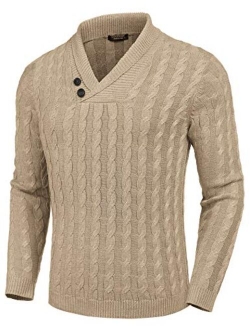 Men's Shawl Collar Pullover Sweater Slim Fit Casual Button Cable Knit Sweaters