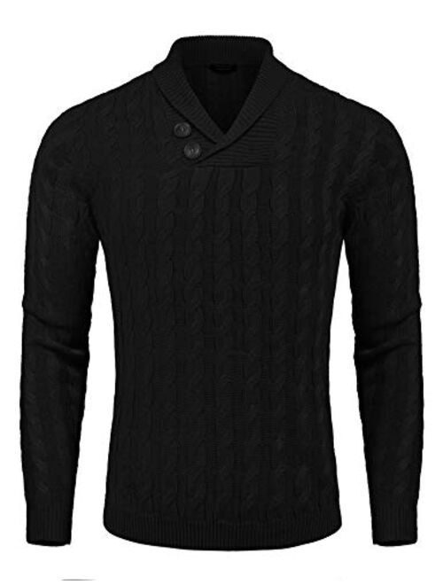 COOFANDY Men's Shawl Collar Pullover Sweater Slim Fit Casual Button Cable Knit Sweaters