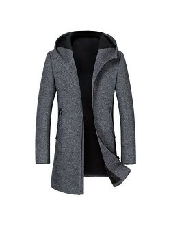 Guandoo Men's Hooded Wool Coat Classic Mid Long Stylish Trench Coat Winter Slim Fit Wool Jacket