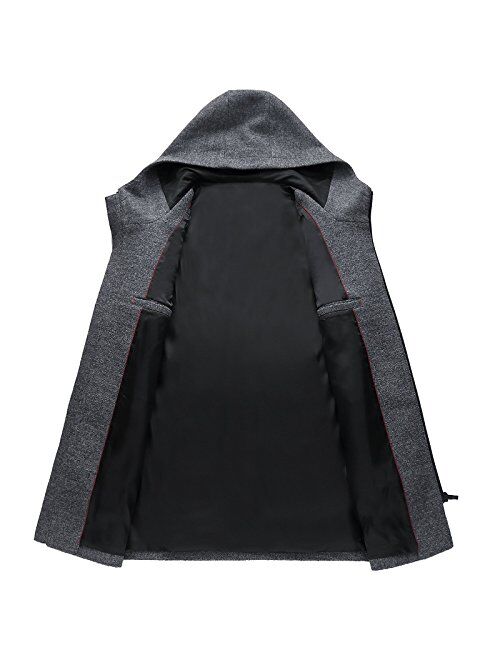 Guandoo Men's Hooded Wool Coat Classic Mid Long Stylish Trench Coat Winter Slim Fit Wool Jacket