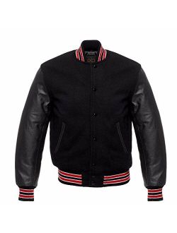 Black Varsity Letterman Wool Genuine Leather Sleeves Baseball Jacket (American Size)