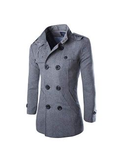 Comeon Mens Fashion Double Breasted Trench Coats Mid Long Wool Woolen Pea Coat Casual Lightweight Jacket Blazer Outerwear