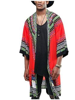 Mens African Dashiki Print Ruffle Shawl Collar Cardigan Lightweight Long Length Drape Cape