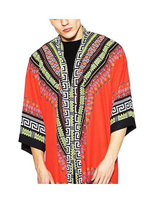 COOFANDY Mens African Dashiki Print Ruffle Shawl Collar Cardigan Lightweight Long Length Drape Cape