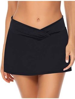 Utyful Women's Elastic Mid Waist Side Slit Pull Tie Build-in Brief Swim Skirt Swimsuit Bathing Suit Bottom