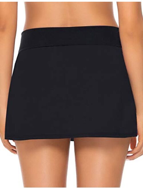 Utyful Women's Elastic Mid Waist Side Slit Pull Tie Build-in Brief Swim Skirt Swimsuit Bathing Suit Bottom